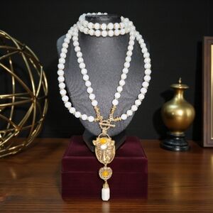 Chunky Gold Panther Leopard Tassle Glass Beaded Toggle Statement Necklace